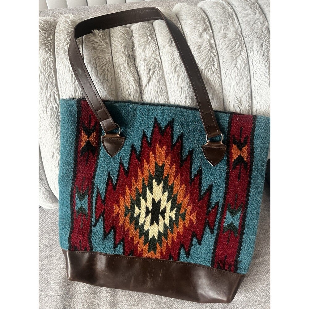 EL PASO SADDLE BLANKET CO Wool Aztec Southwest Zip Closure Large Tote Bag